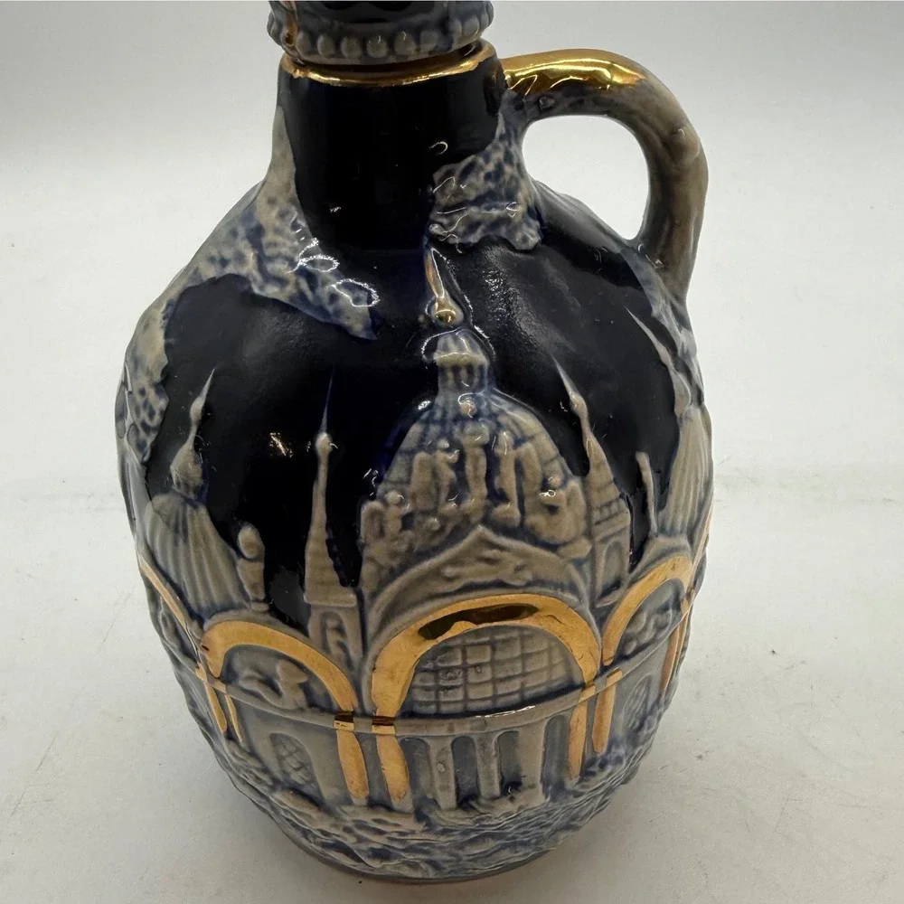 Vintage Japan Cobalt Ceramic Musical Decanter Castle Crown Stopper Gold Trim